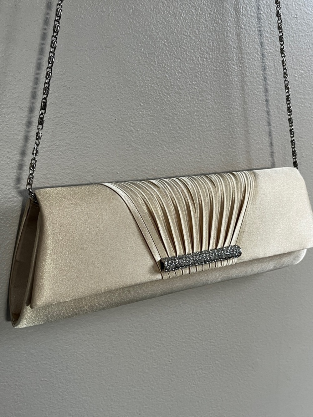 Jacqueline Ferrar pleated satin champagne clutch
